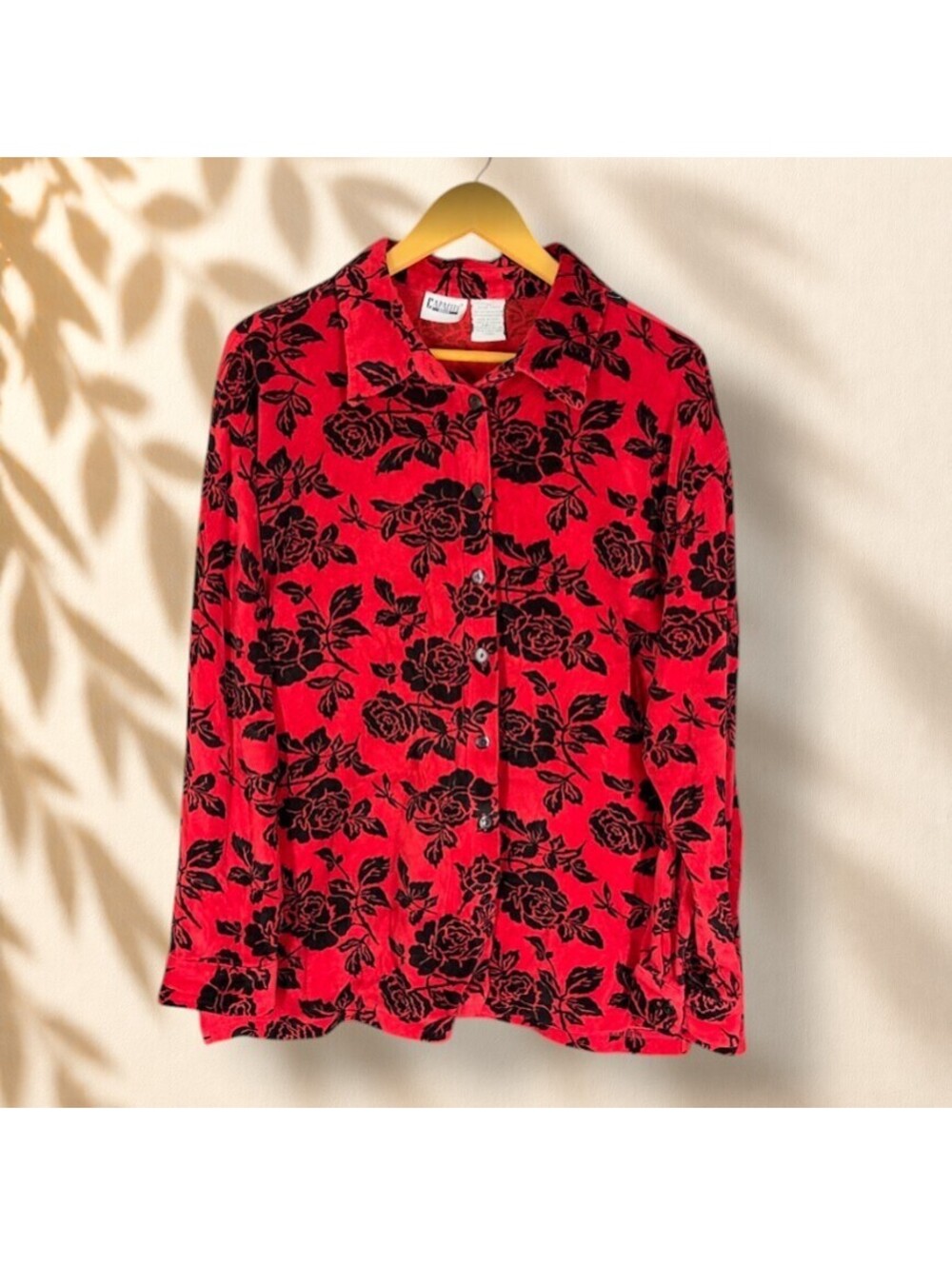 Capacity Shirt Women 2X Plus Red Floral Button Up Collared Long Sleeve Cotton
